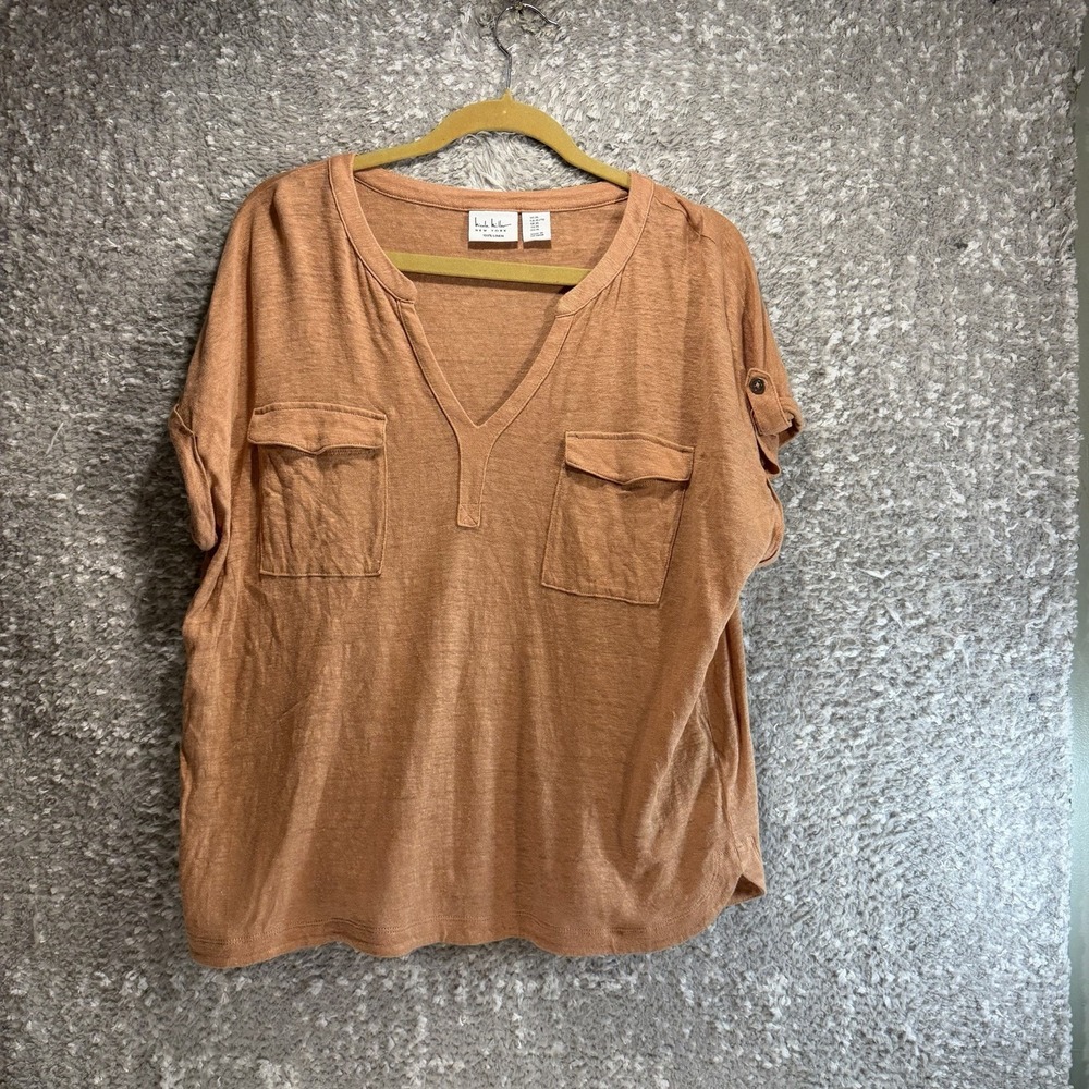 Nicole Miller Linen XL Brown Top Short Sleeve Coastal Preppy Beach